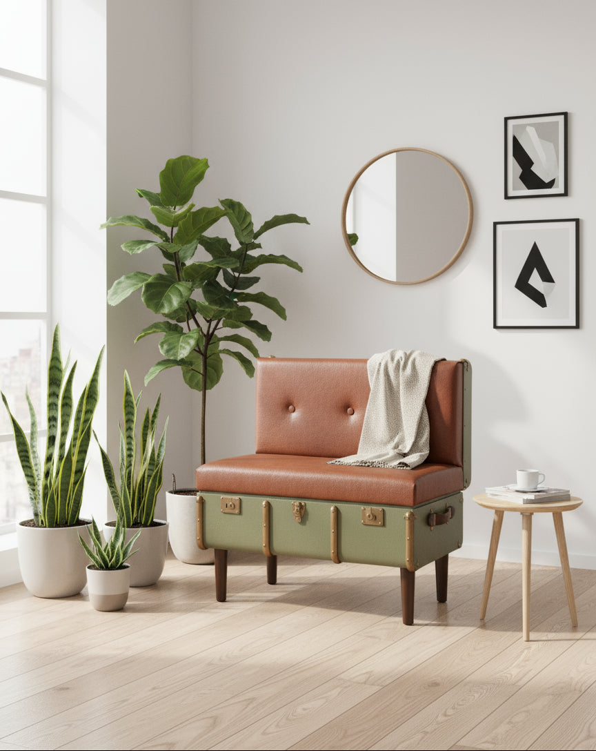 Chair made from a vintage suitcase with brown cushioned seat and green body.