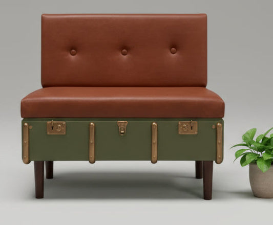 Brown and green elegant steamer trunk chair in a plain setting